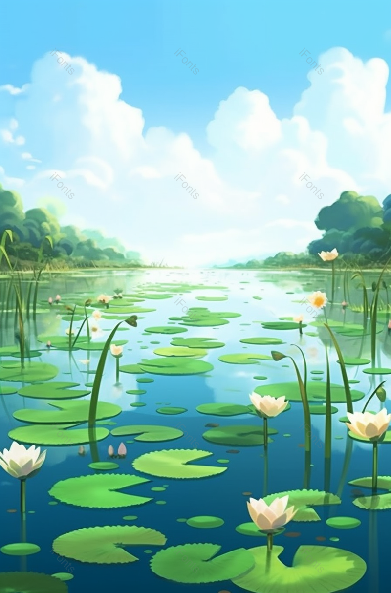 盛夏唯美清新荷塘插画绿色背景,插画/手绘图,插画/手绘图库,插画/手绘图下载,插画/手绘
